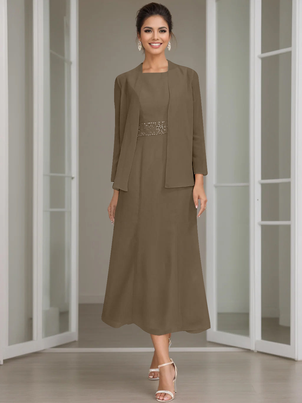 Tea-Length Mother of the Bride Sheath Dress with Beaded Jacket-LLELLA