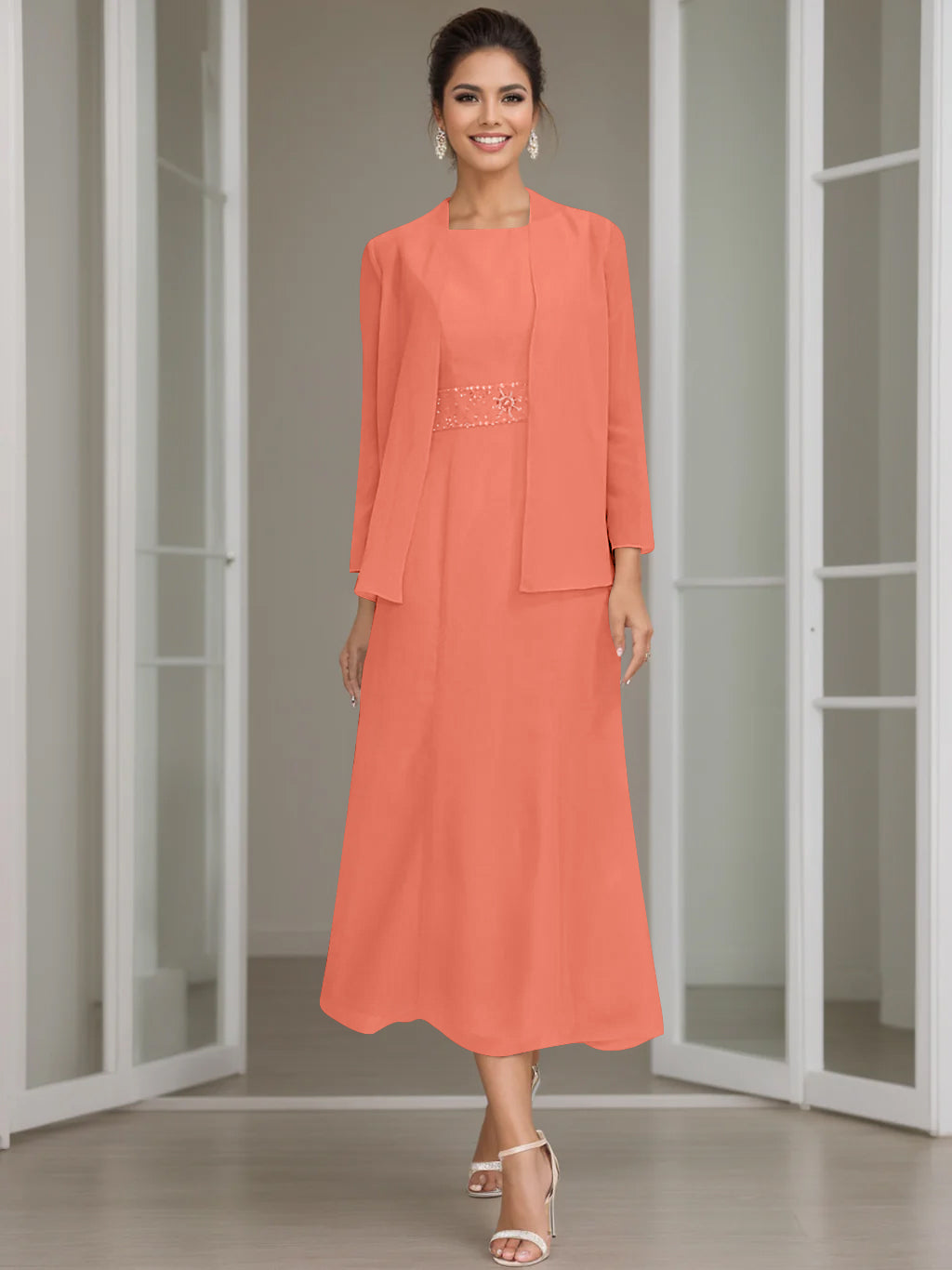Tea-Length Mother of the Bride Sheath Dress with Beaded Jacket-LLELLA