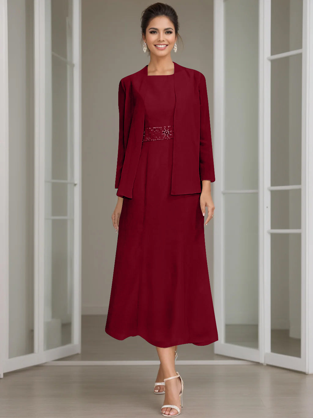 Tea-Length Mother of the Bride Sheath Dress with Beaded Jacket-LLELLA