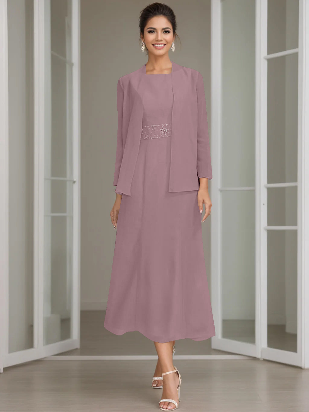 Tea-Length Mother of the Bride Sheath Dress with Beaded Jacket-LLELLA