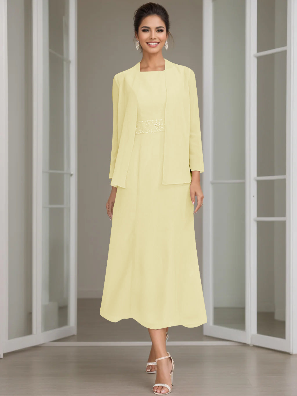Tea-Length Mother of the Bride Sheath Dress with Beaded Jacket-LLELLA