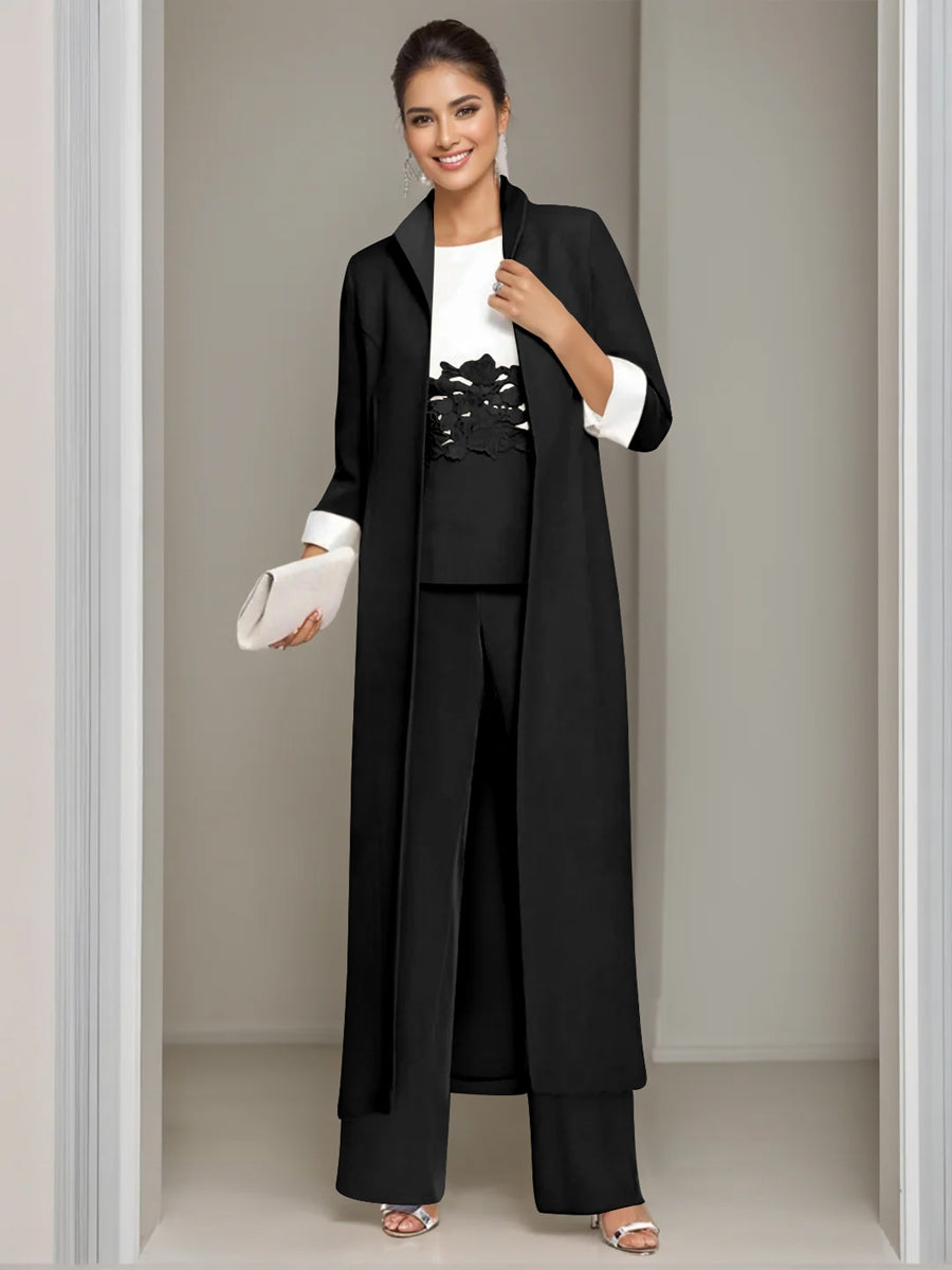 Ankle-Length Mother of the Bride Pantsuits in 3 Pieces Featuring Square Neck Jacket & Lace Appliques-LLELLA