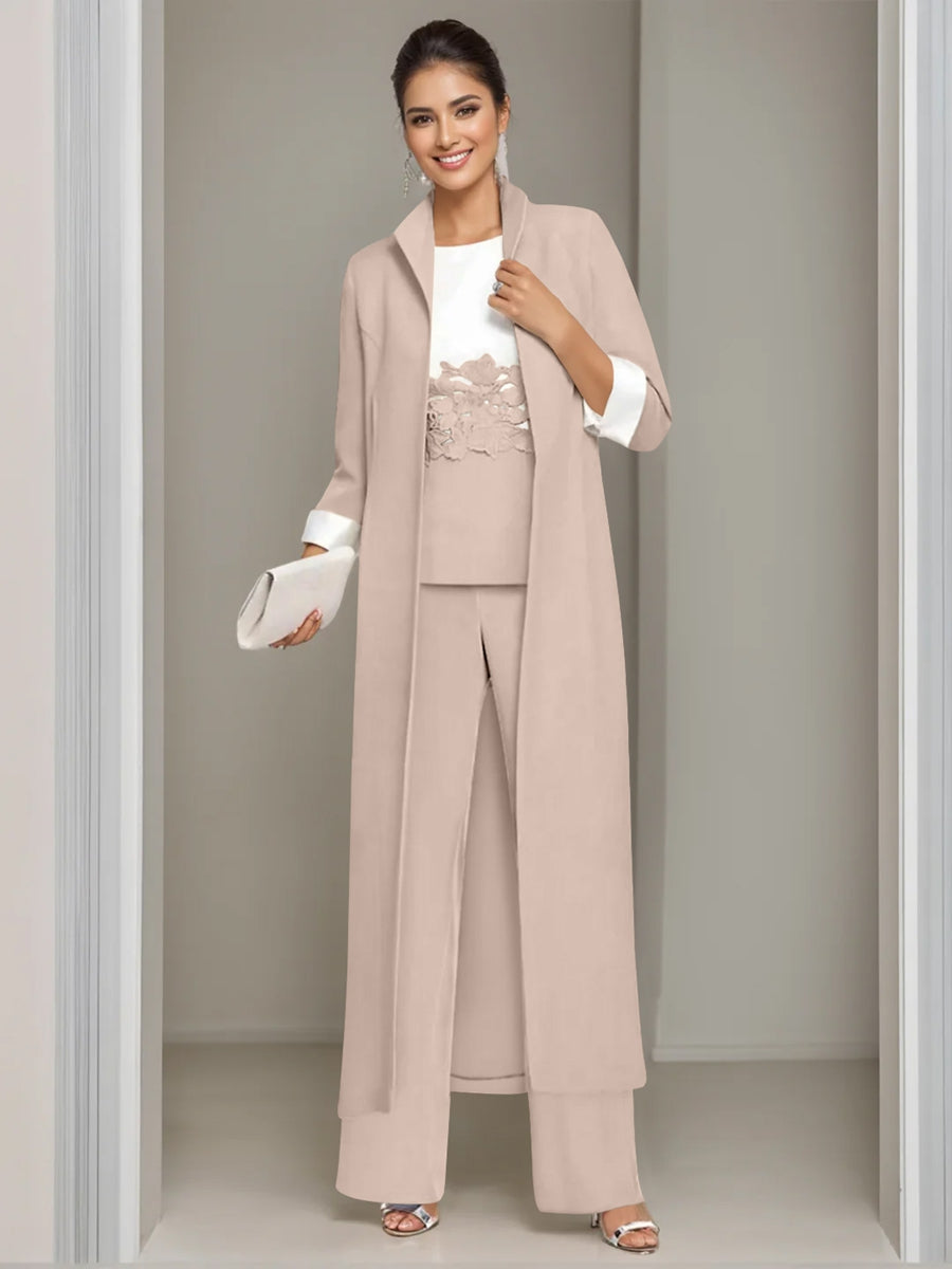 Ankle-Length Mother of the Bride Pantsuits in 3 Pieces Featuring Square Neck Jacket & Lace Appliques-LLELLA