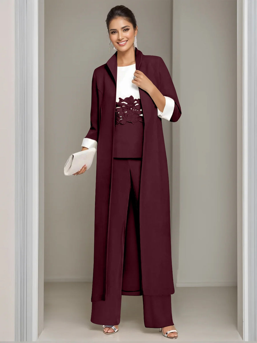 Ankle-Length Mother of the Bride Pantsuits in 3 Pieces Featuring Square Neck Jacket & Lace Appliques-LLELLA