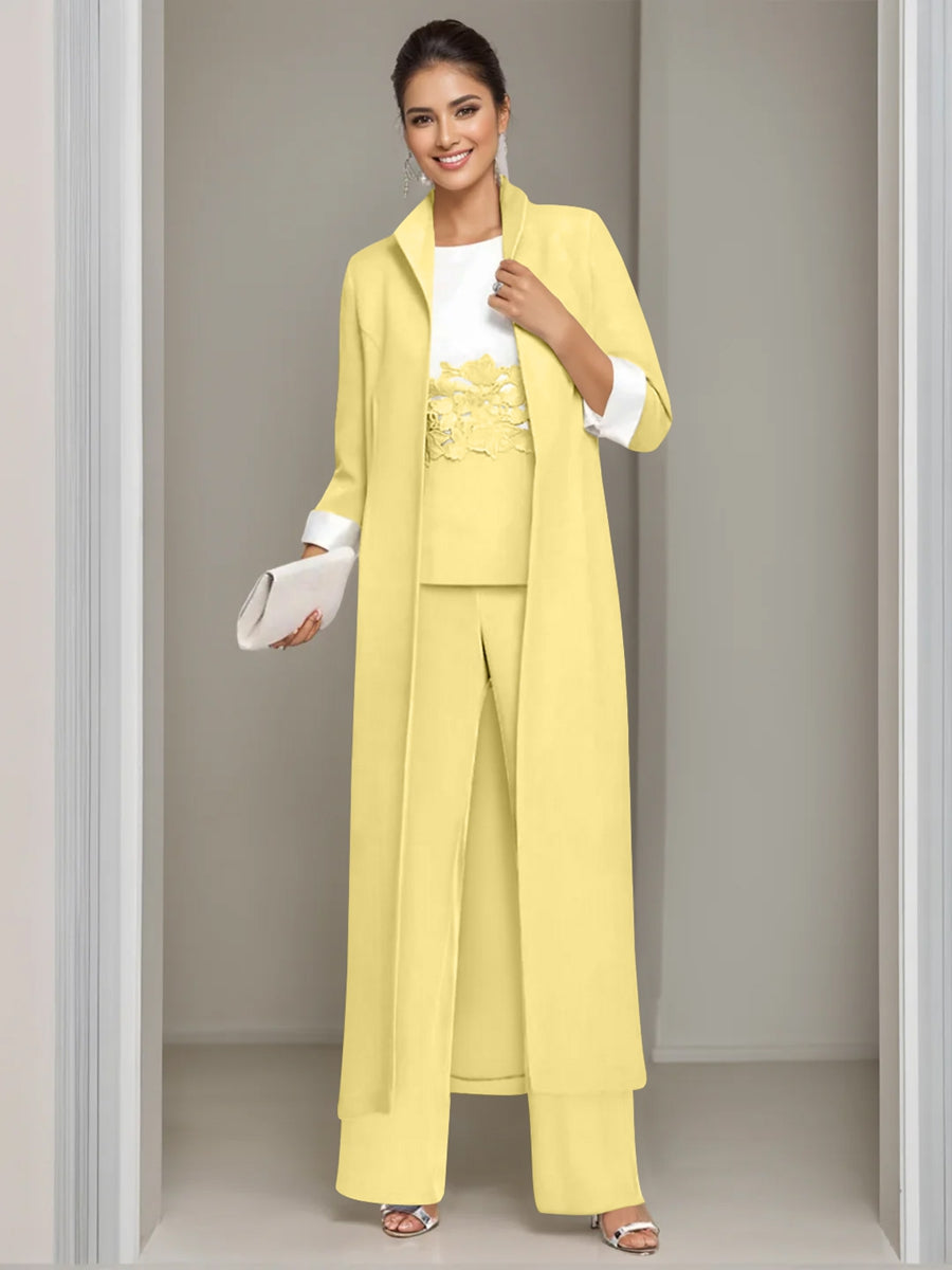 Ankle-Length Mother of the Bride Pantsuits in 3 Pieces Featuring Square Neck Jacket & Lace Appliques-LLELLA