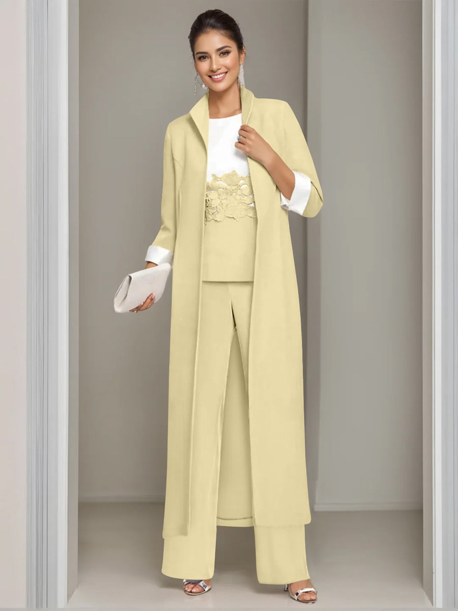 Ankle-Length Mother of the Bride Pantsuits in 3 Pieces Featuring Square Neck Jacket & Lace Appliques-LLELLA