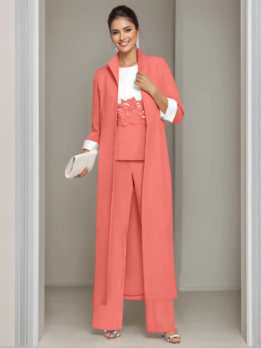 Ankle-Length Mother of the Bride Pantsuits in 3 Pieces Featuring Square Neck Jacket & Lace Appliques-LLELLA