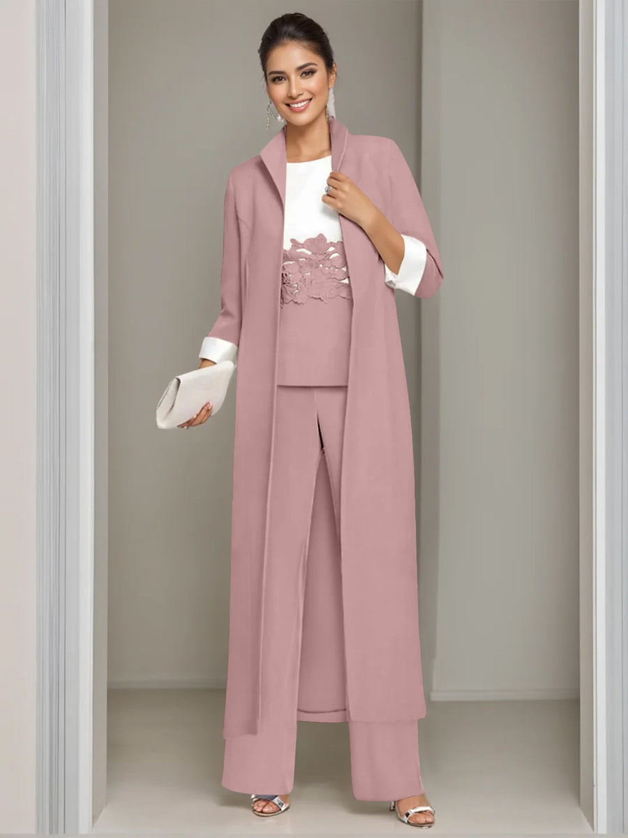 Ankle-Length Mother of the Bride Pantsuits in 3 Pieces Featuring Square Neck Jacket & Lace Appliques-LLELLA
