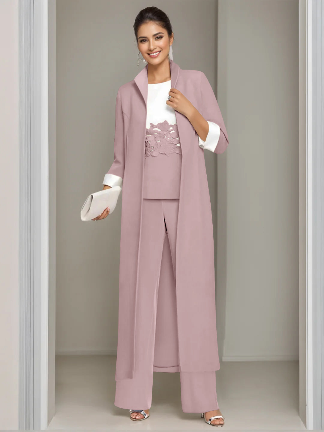 Ankle-Length Mother of the Bride Pantsuits in 3 Pieces Featuring Square Neck Jacket & Lace Appliques-LLELLA