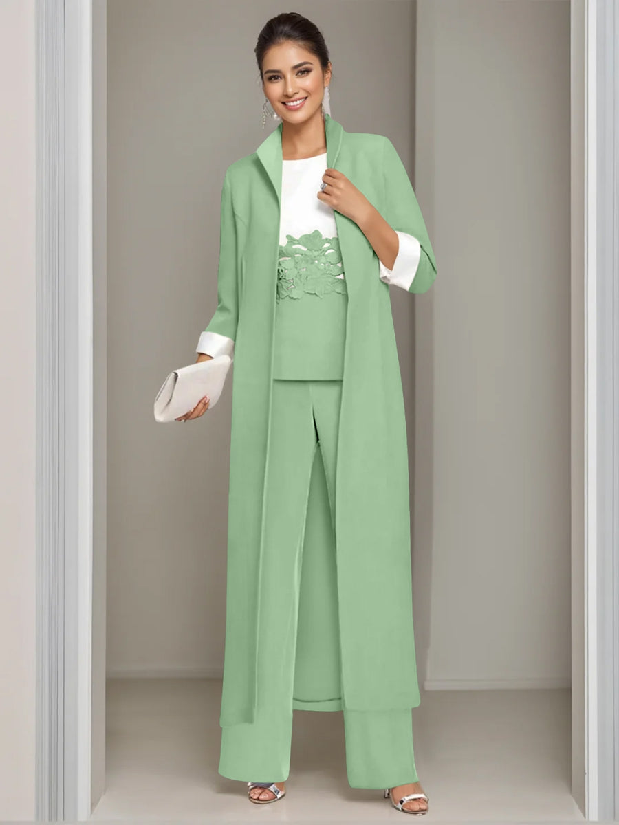 Ankle-Length Mother of the Bride Pantsuits in 3 Pieces Featuring Square Neck Jacket & Lace Appliques-LLELLA