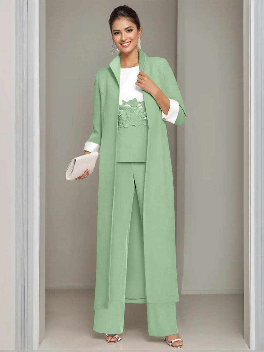 Ankle-Length Mother of the Bride Pantsuits in 3 Pieces Featuring Square Neck Jacket & Lace Appliques-LLELLA