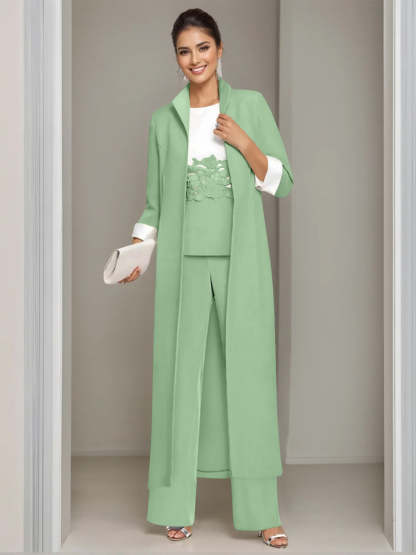 Ankle-Length Mother of the Bride Pantsuits in 3 Pieces Featuring Square Neck Jacket & Lace Appliques-LLELLA