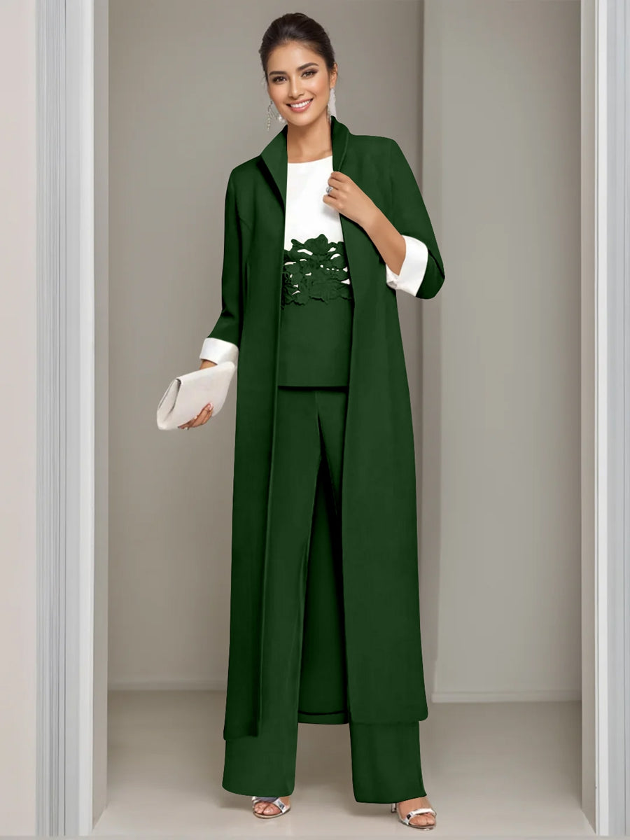 Ankle-Length Mother of the Bride Pantsuits in 3 Pieces Featuring Square Neck Jacket & Lace Appliques-LLELLA