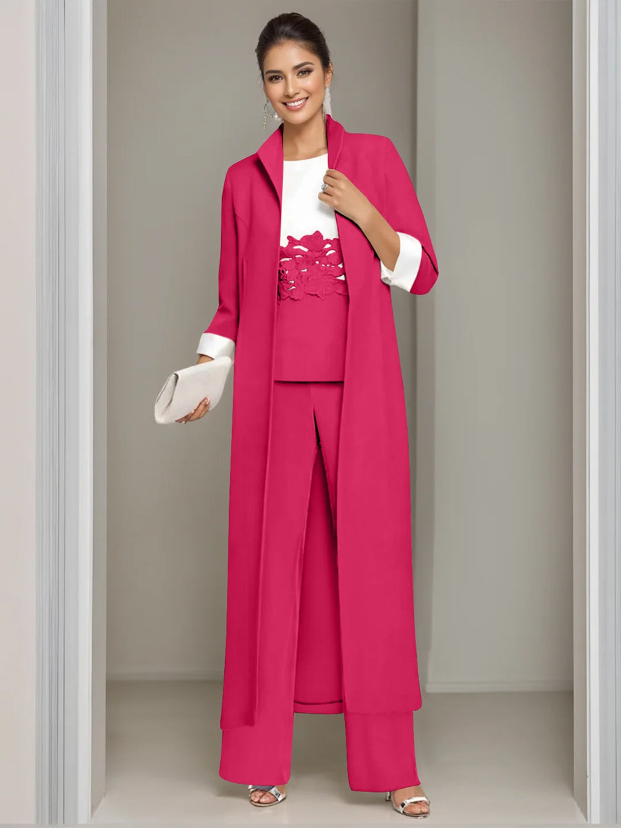 Ankle-Length Mother of the Bride Pantsuits in 3 Pieces Featuring Square Neck Jacket & Lace Appliques-LLELLA