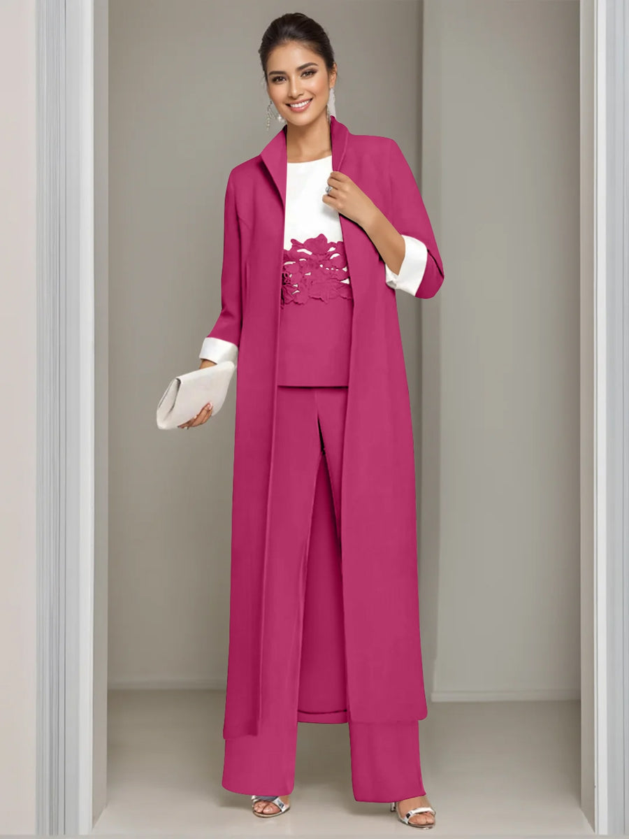 Ankle-Length Mother of the Bride Pantsuits in 3 Pieces Featuring Square Neck Jacket & Lace Appliques-LLELLA