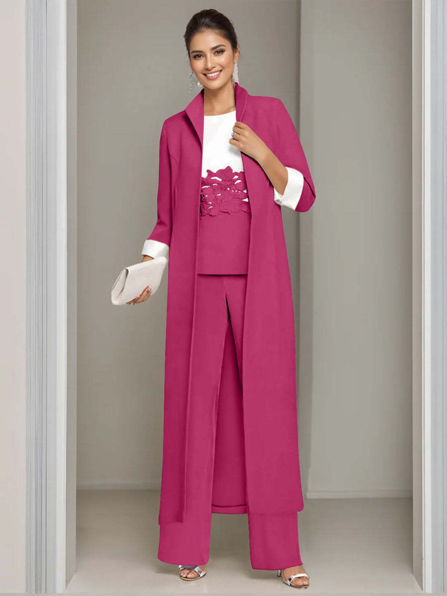 Ankle-Length Mother of the Bride Pantsuits in 3 Pieces Featuring Square Neck Jacket & Lace Appliques-LLELLA