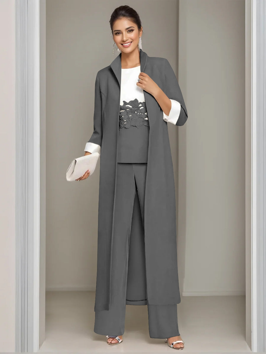 Ankle-Length Mother of the Bride Pantsuits in 3 Pieces Featuring Square Neck Jacket & Lace Appliques-LLELLA