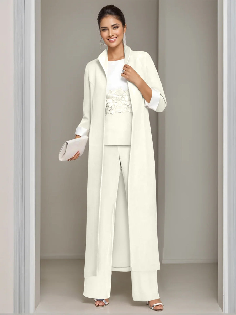Ankle-Length Mother of the Bride Pantsuits in 3 Pieces Featuring Square Neck Jacket & Lace Appliques-LLELLA