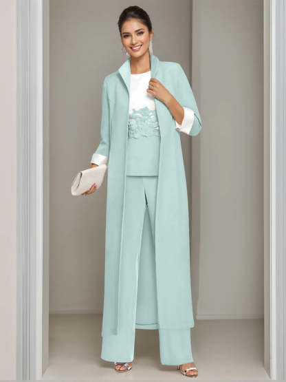 Ankle-Length Mother of the Bride Pantsuits in 3 Pieces Featuring Square Neck Jacket & Lace Appliques-LLELLA