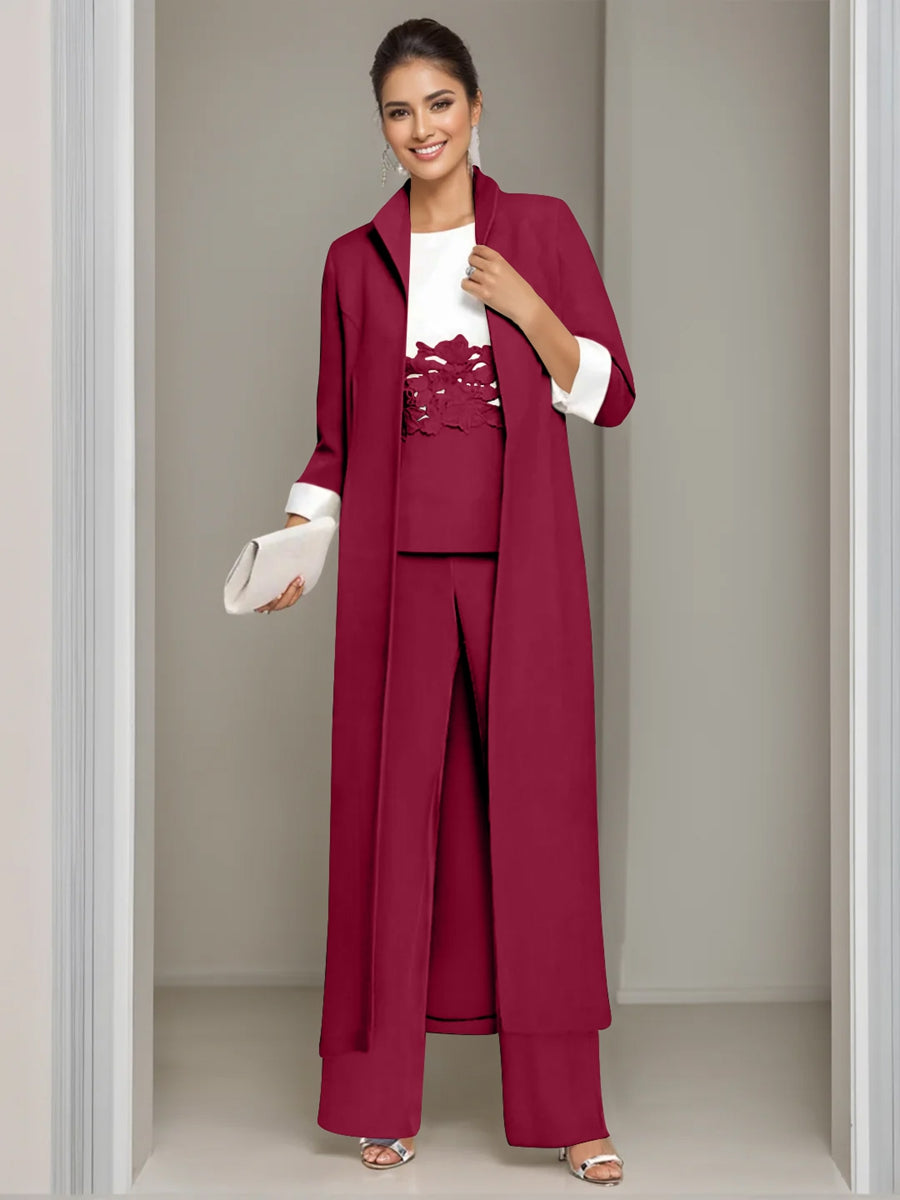 Ankle-Length Mother of the Bride Pantsuits in 3 Pieces Featuring Square Neck Jacket & Lace Appliques-LLELLA