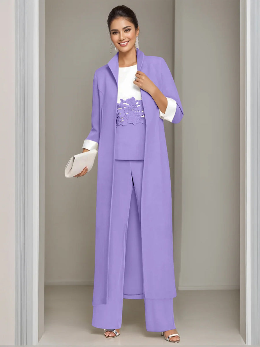 Ankle-Length Mother of the Bride Pantsuits in 3 Pieces Featuring Square Neck Jacket & Lace Appliques-LLELLA