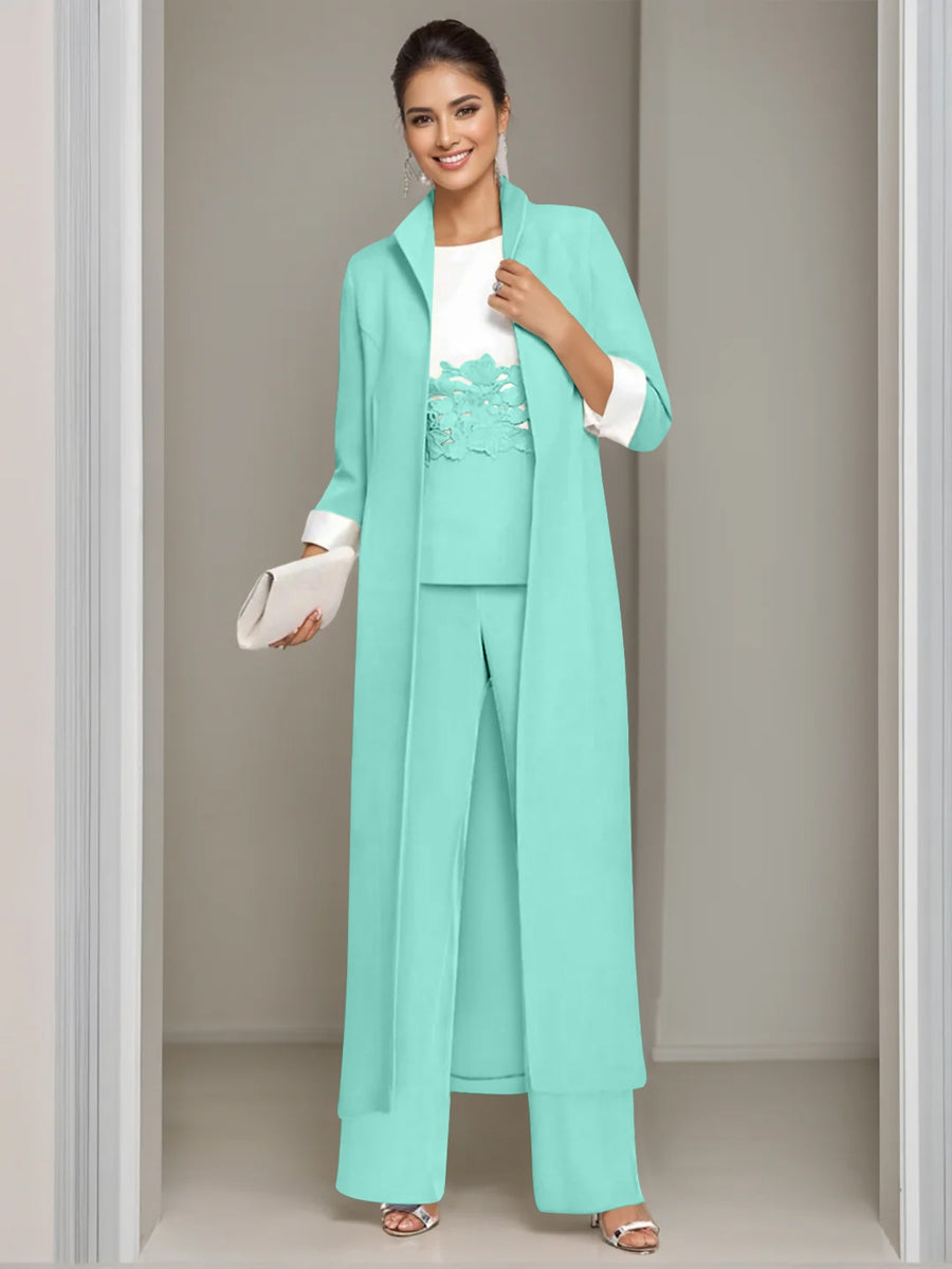 Ankle-Length Mother of the Bride Pantsuits in 3 Pieces Featuring Square Neck Jacket & Lace Appliques-LLELLA