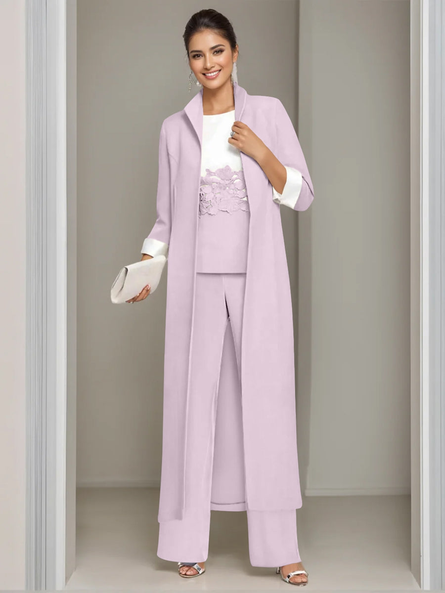 Ankle-Length Mother of the Bride Pantsuits in 3 Pieces Featuring Square Neck Jacket & Lace Appliques-LLELLA