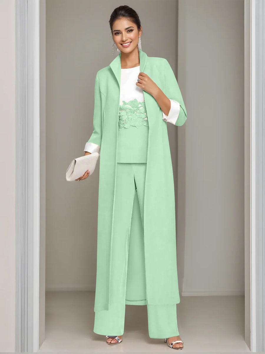 Ankle-Length Mother of the Bride Pantsuits in 3 Pieces Featuring Square Neck Jacket & Lace Appliques-LLELLA