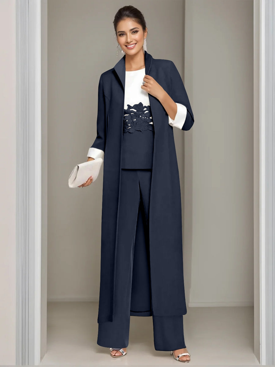 Ankle-Length Mother of the Bride Pantsuits in 3 Pieces Featuring Square Neck Jacket & Lace Appliques-LLELLA