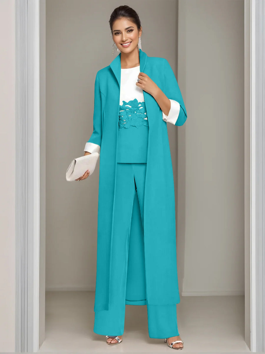 Ankle-Length Mother of the Bride Pantsuits in 3 Pieces Featuring Square Neck Jacket & Lace Appliques-LLELLA