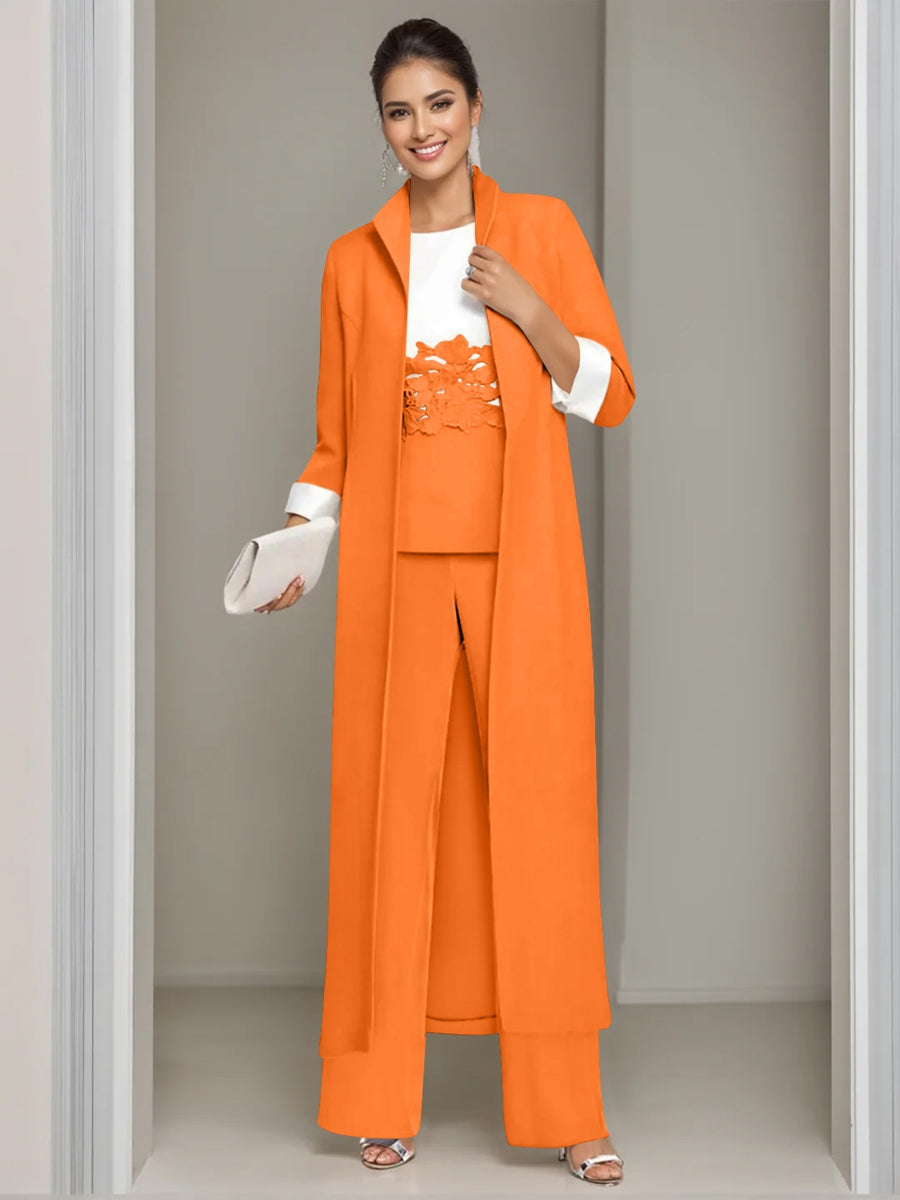 Ankle-Length Mother of the Bride Pantsuits in 3 Pieces Featuring Square Neck Jacket & Lace Appliques-LLELLA
