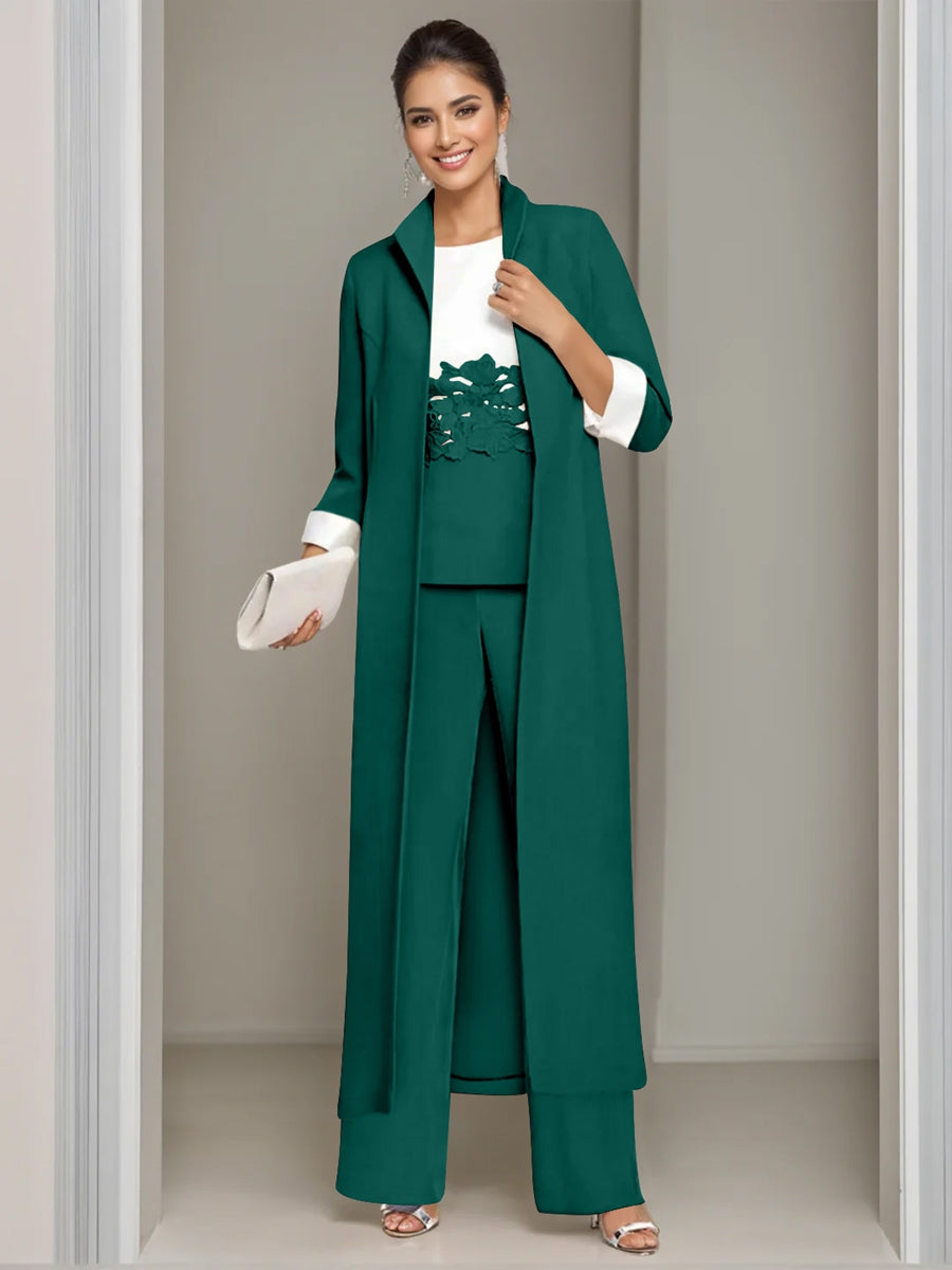Ankle-Length Mother of the Bride Pantsuits in 3 Pieces Featuring Square Neck Jacket & Lace Appliques-LLELLA