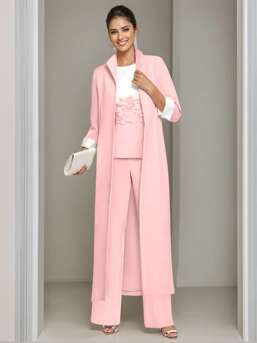 Ankle-Length Mother of the Bride Pantsuits in 3 Pieces Featuring Square Neck Jacket & Lace Appliques-LLELLA