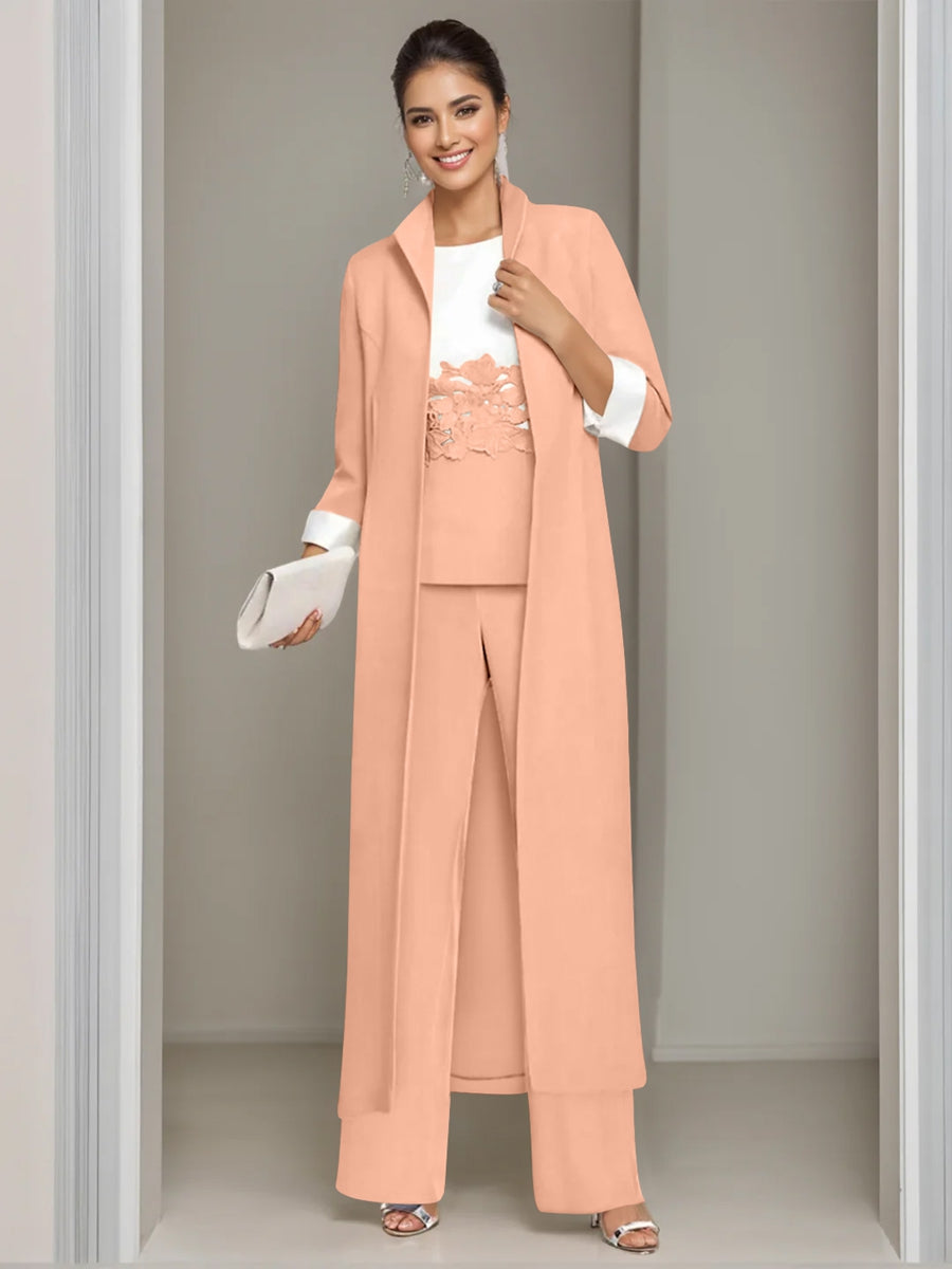 Ankle-Length Mother of the Bride Pantsuits in 3 Pieces Featuring Square Neck Jacket & Lace Appliques-LLELLA