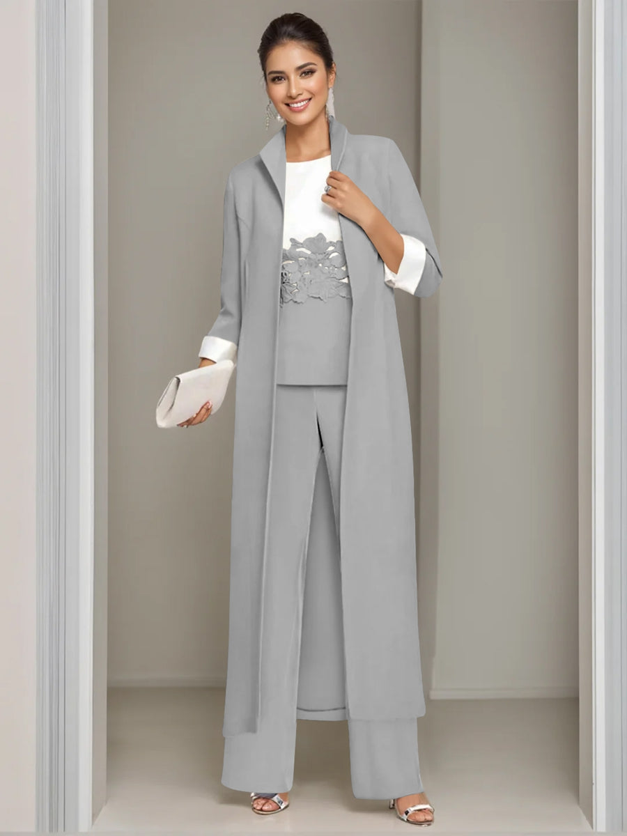 Ankle-Length Mother of the Bride Pantsuits in 3 Pieces Featuring Square Neck Jacket & Lace Appliques-LLELLA