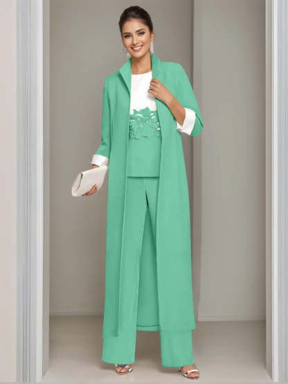 Ankle-Length Mother of the Bride Pantsuits in 3 Pieces Featuring Square Neck Jacket & Lace Appliques-LLELLA