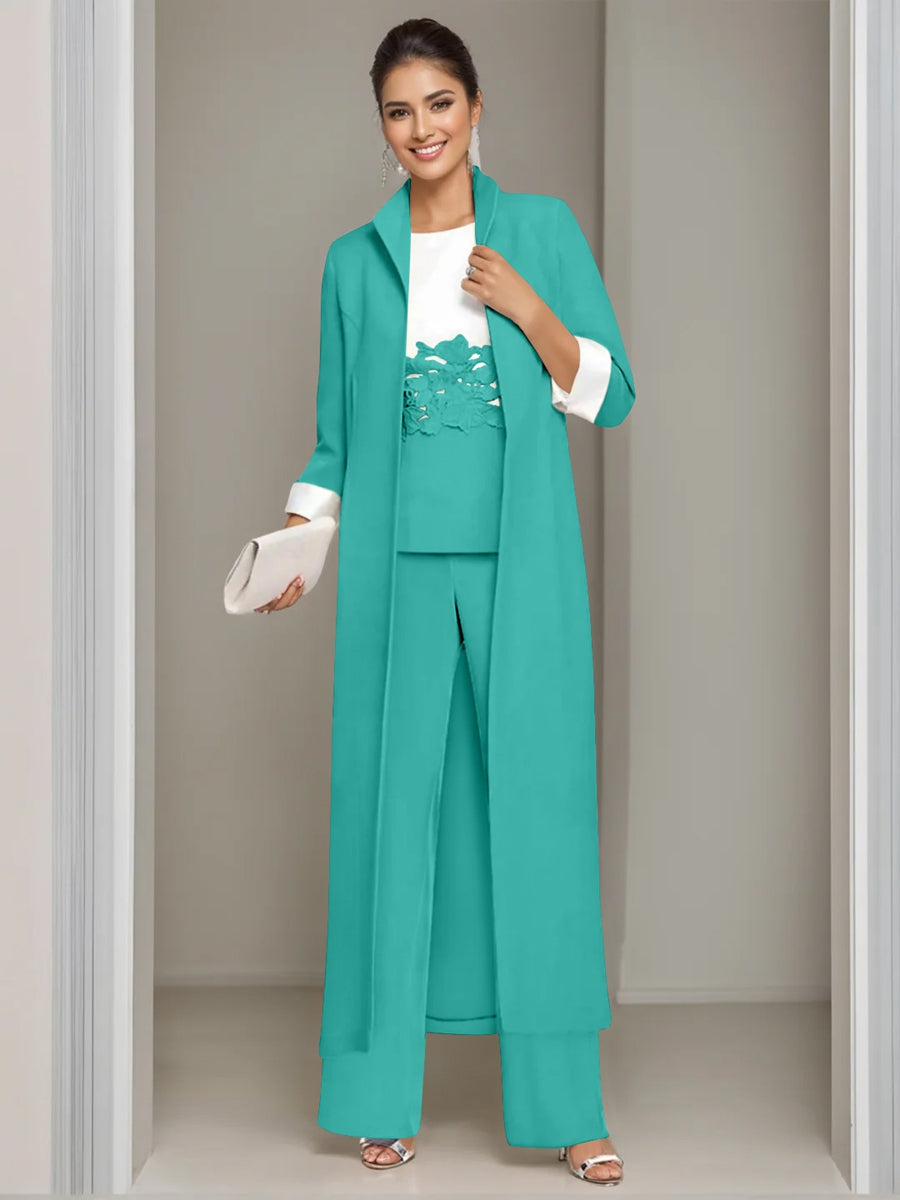 Ankle-Length Mother of the Bride Pantsuits in 3 Pieces Featuring Square Neck Jacket & Lace Appliques-LLELLA