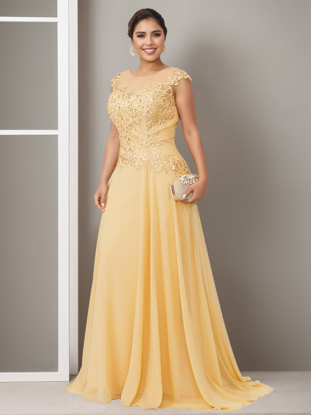Elegant Plus Size Mother of the Bride A-Line Floor-Length Dress with Jewel Neck and Beading Appliques-LLELLA