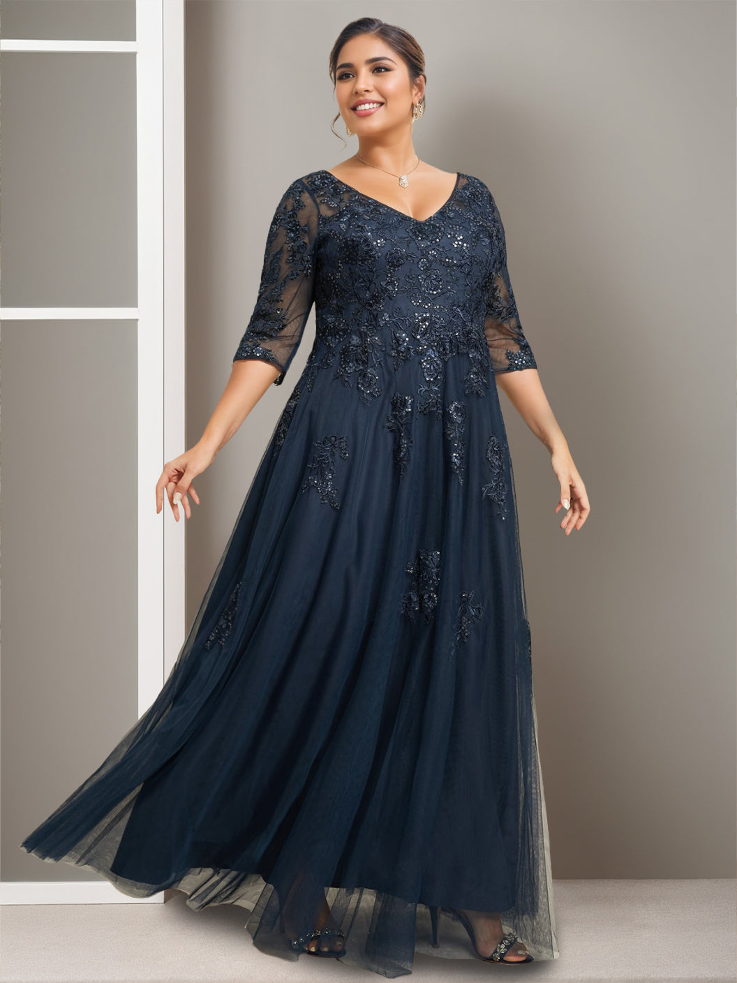 Plus Size Floor-Length A-Line Princess V-Neck Mother of the Bride Dress with Half Sleeves and Sequins-LLELLA