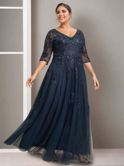 Plus Size Floor-Length A-Line Princess V-Neck Mother of the Bride Dress with Half Sleeves and Sequins-LLELLA