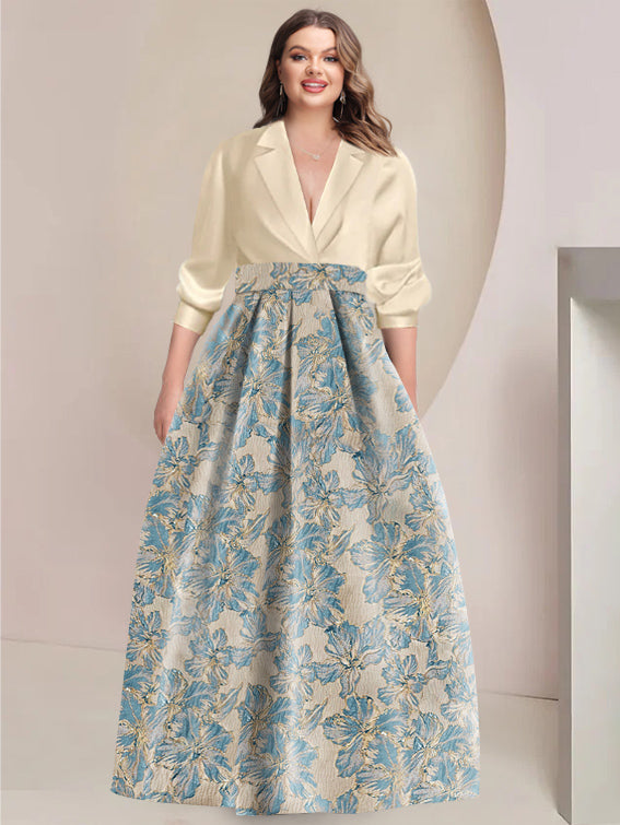 Printed Floral 3/4 Sleeve Shirt Collar A-Line Dress for Mother of the Bride & Groom-LLELLA