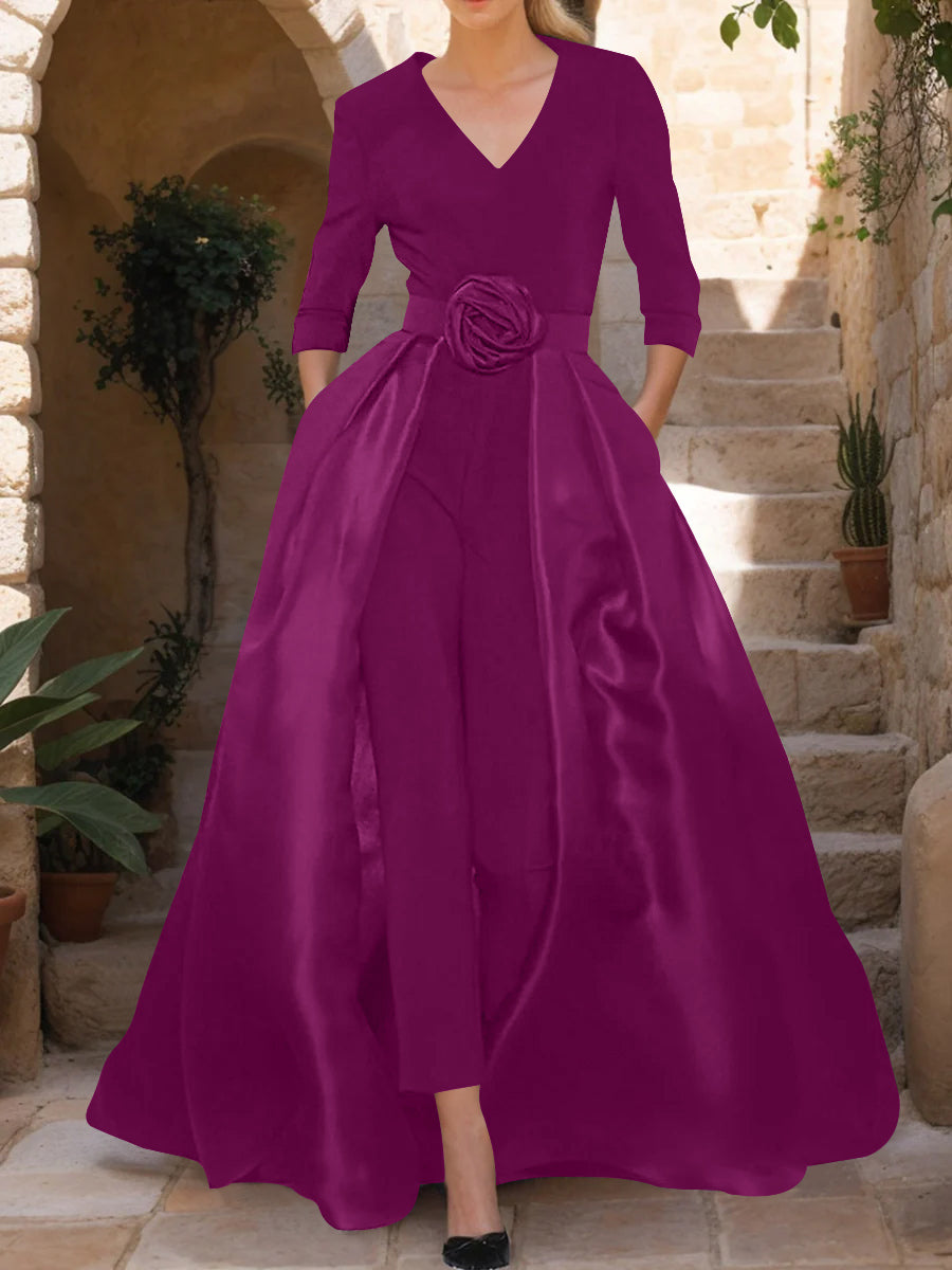 Mother of the Bride V-Neck Pantsuit with 3/4 Sleeves and Flower Belt