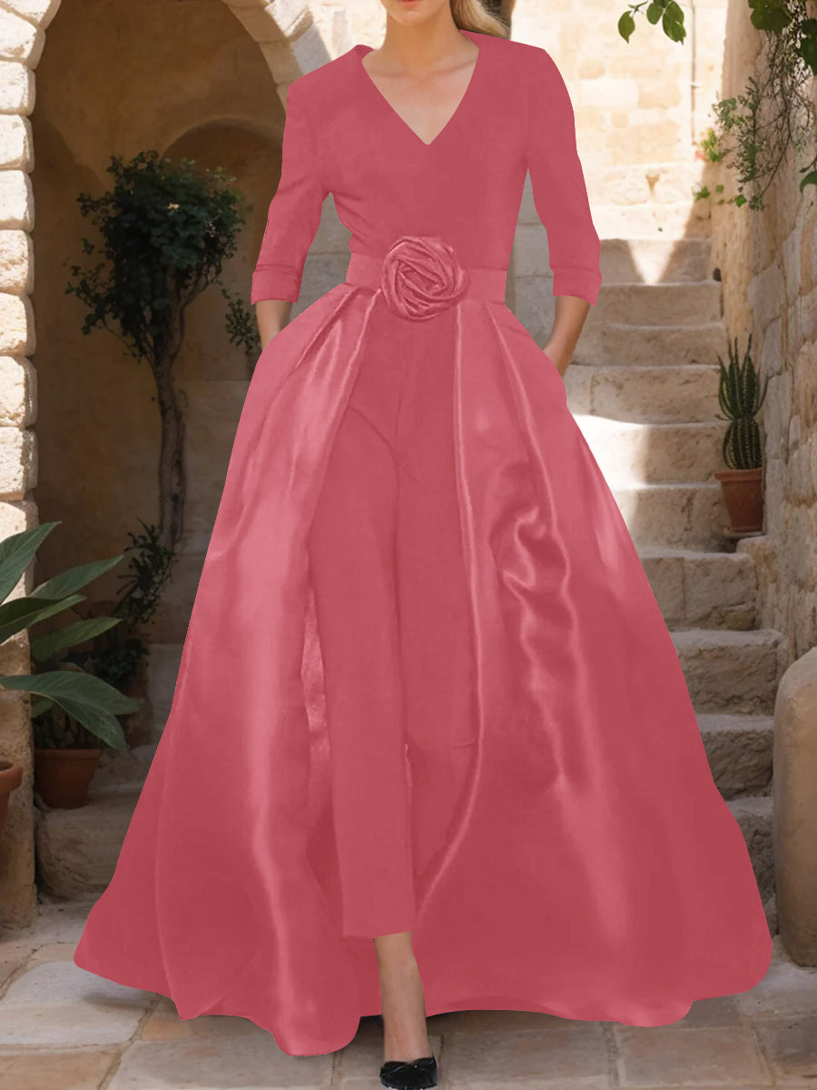 Mother of the Bride V-Neck Pantsuit with 3/4 Sleeves and Flower Belt