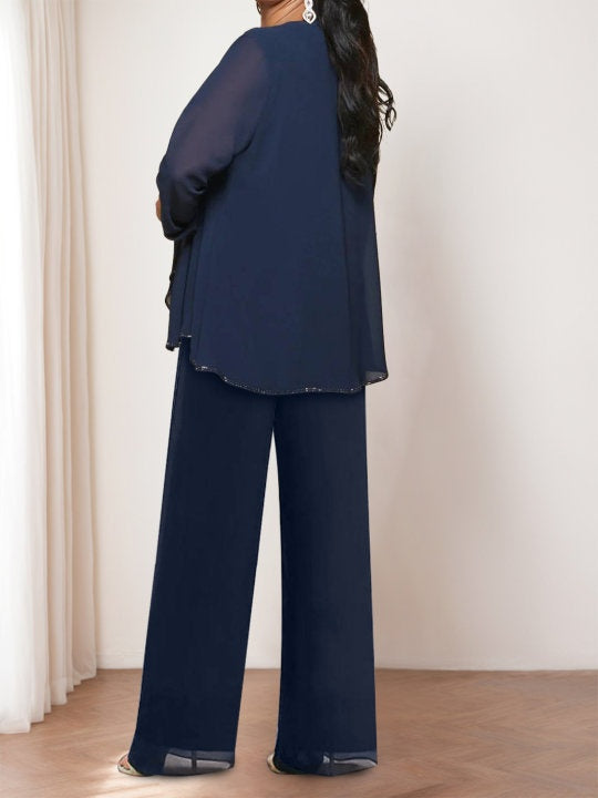 Round Neck Chiffon Pantsuits with Jacket for the Mother of the Bride-LLELLA