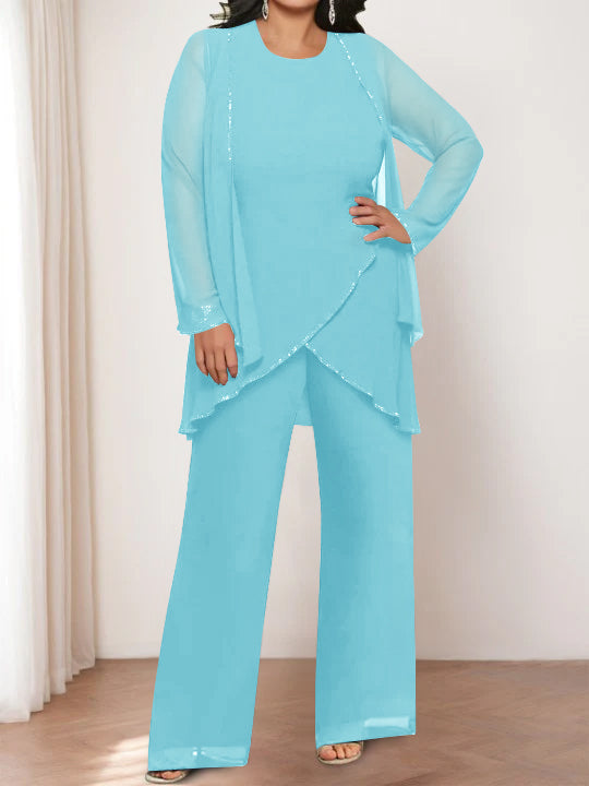Round Neck Chiffon Pantsuits with Jacket for the Mother of the Bride-LLELLA