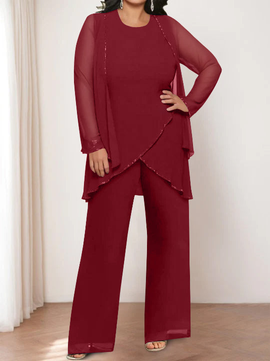 Round Neck Chiffon Pantsuits with Jacket for the Mother of the Bride-LLELLA