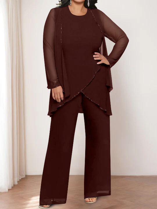Round Neck Chiffon Pantsuits with Jacket for the Mother of the Bride-LLELLA