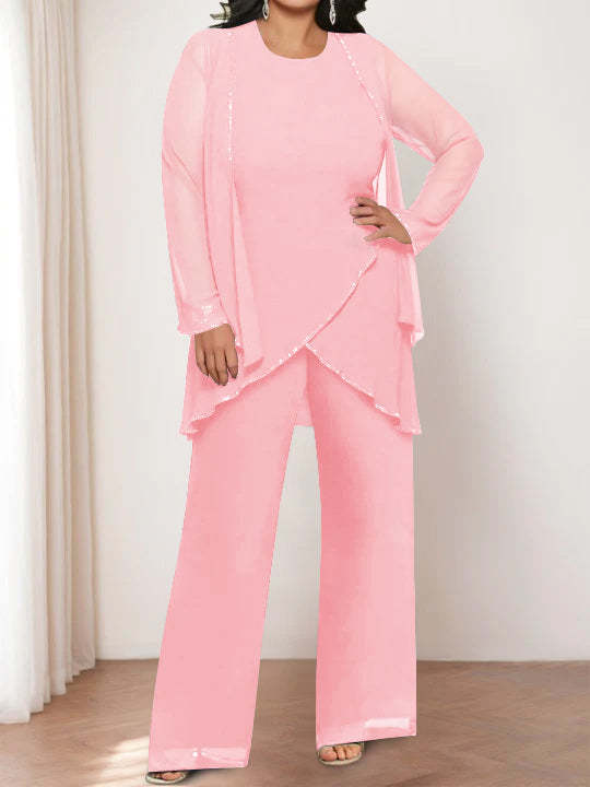 Round Neck Chiffon Pantsuits with Jacket for the Mother of the Bride-LLELLA