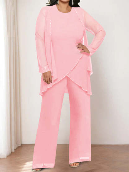 Round Neck Chiffon Pantsuits with Jacket for the Mother of the Bride-LLELLA