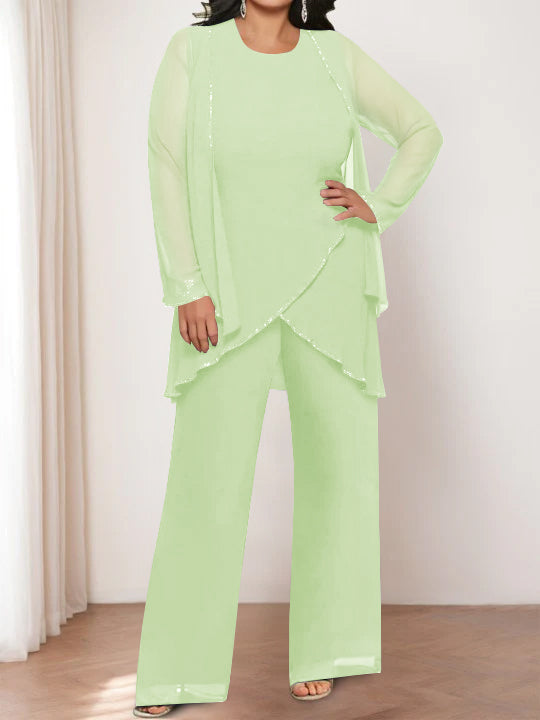 Round Neck Chiffon Pantsuits with Jacket for the Mother of the Bride-LLELLA